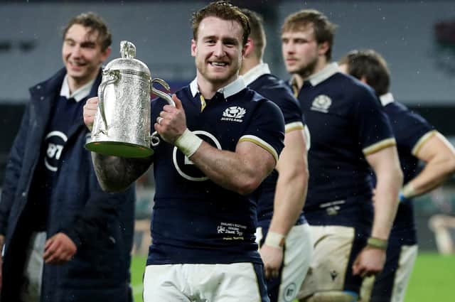 Scotland captain Stuart Hogg with the Calcutta Cup following his side's victory in the Guinness Six Nations match between England and Scotland at Twickenham Stadium today. (Photo by David Rogers/Getty Images)