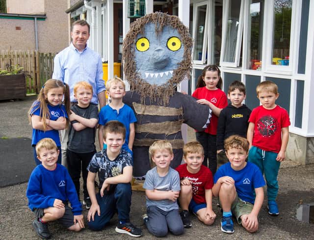 Ancrum Primary school's scarecrow, made by P1 - P3 with teacher Mr Steven Strother. (Photo: BILL McBurnie)