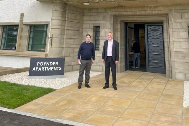 Craig Hoy MSP outside of Poynder Apartments in Kelso with Nile Istephan (Chief Executive of Eildon).