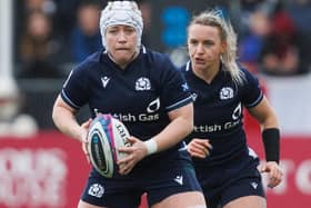 Lana Skeldon, left, and Chloe Rollie in action during Scotland's 46-0 Women's Six Nations loss to England at Edinburgh's Hive Stadium on Saturday (Photo by Ross Parker/SNS Group/SRU)