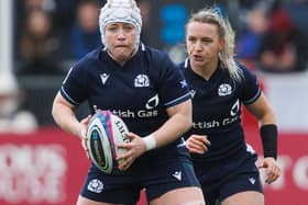 Lana Skeldon, left, and Chloe Rollie in action during Scotland's 46-0 Women's Six Nations loss to England at Edinburgh's Hive Stadium on Saturday (Photo by Ross Parker/SNS Group/SRU)