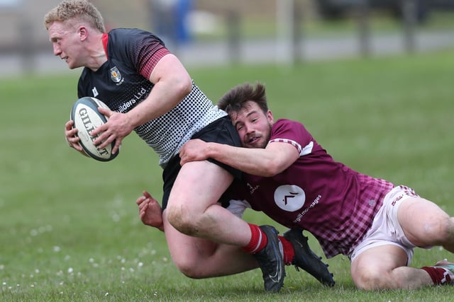 Frankie Robson being tackled by Angus Dun during Kelso's 20-12 last-four loss to Gala at 2024's Langholm Sevens on Saturday (Photo: Brian Sutherland)