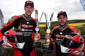 Lauder's Steve Kershaw and Ryan Charlwood celebrating their podium place in round one of 2023's Sidecar World Championship at the Sachsenring racing circuit in Germany on Sunday (Pic: Mark Walters)