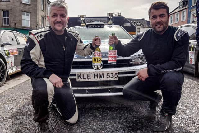 Duns driver Euan Thorburn and sidekick Paul Beaton celebrating their third-place finish in 2023's Jim Clark Rally (Pic: British Rally Championship)