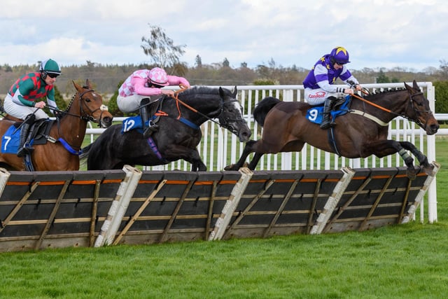 Craig Nichol on Kingston Bridge at Kelso Racecourse on Monday, centre, with third-placed Singapore Trip to the left and runner-up Eire Street on the right (Photo: Alan Raeburn)