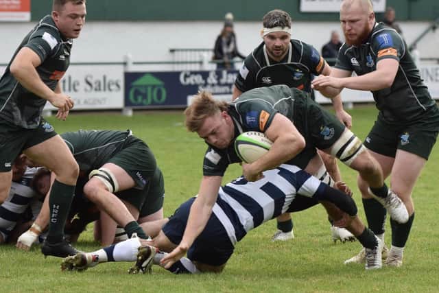 Jae Linton touching down for Hawick against Heriot's Blues at home at Mansfield Park on Saturday (Photo: Malcolm Grant)