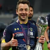 Greig Laidlaw celebrating winning 2019's European Rugby Challenge Cup final against La Rochelle with Clermont Auvergne in Newcastle (Photo by Dan Mullan/Getty Images)