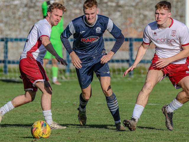 Scott Latto in action for Vale of Leithen during their 3-2 loss at home to Tynecastle at Victoria Park in Innerleithen on Saturday (Photo: Hilary Isaac)