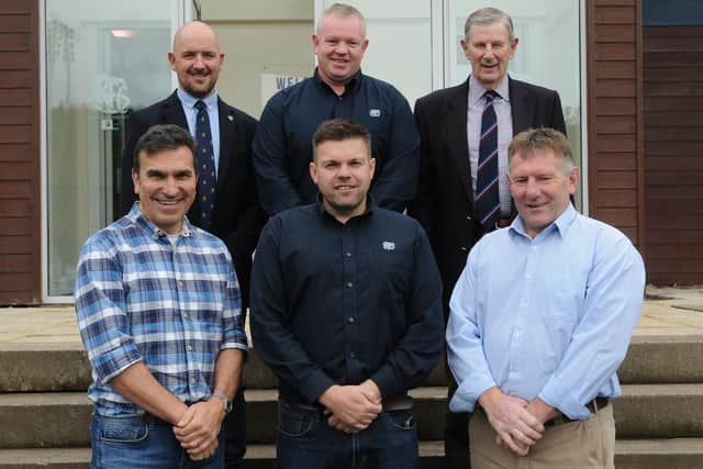 Scott Tomlinson, in the middle at the back, at a past players' lunch at Selkirk in 2019 with, back from left, Jed-Forest president Paul Cranston and Gus Boag, plus, front, Iwan Tukalo, Bryan Hoggan and Gary Armstrong (Photo: Grant Kinghorn)