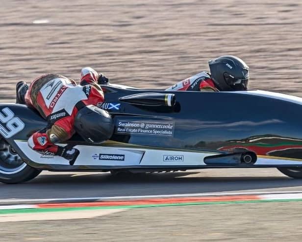 Steve Kershaw and Ryan Charlwood in British Sidecar Championship action at Leicestershire's Donington Park at the weekend (Pic: Kershaw Racing)