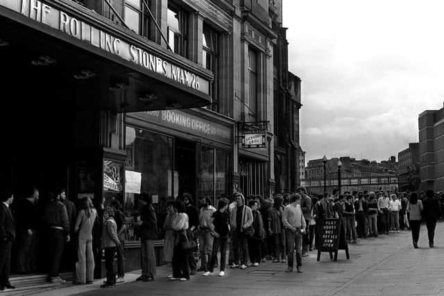 People queue for tickets to see the Rolling Stones at the Edinburgh Playhouse on May 28 1982, supported by a little known band called TV21   Pic: Norman Wilson