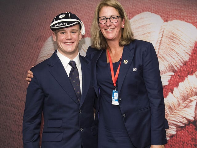 Darcy Graham being given his first cap by then SRU president Dee Bradbury after making his Scotland debut versus Wales in Cardiff in November 2018 (Photo: SNS Group/SRU/Gary Hutchison)