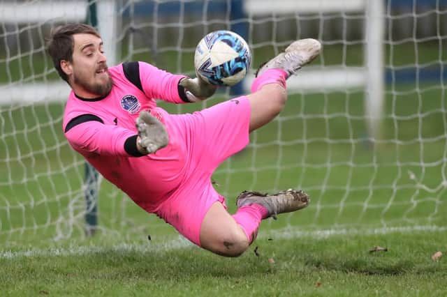 Vale of Leithen goalkeeper Chris Malcolm saving a first-half penalty during their 2-0 loss at home to Rosyth on Saturday in the East of Scotland Football League's first division (Photo: Brian Sutherland)