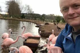 Owen Joiner of Birds Gardens Scotland with some of the flamingos at the centre.