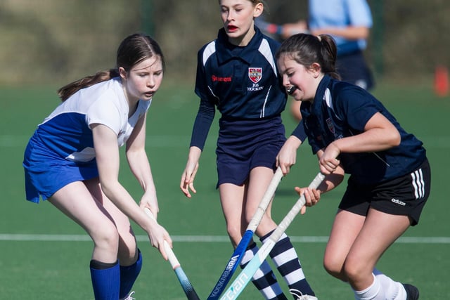 Sophie Hendrie, of hosts Jedburgh Grammar Campus, in action against Gala at Saturday's schools hockey tournament