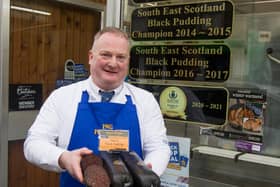 Hawick butcher James Pringle with his award-winning black pudding. Photo: Bill McBurnie