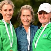 Gala Harriers' gold medal-winning female masters team of, from left, Sara Green, Katy Barden and Pamela Baillie at Saturday's national cross-country relays at Cumbernauld