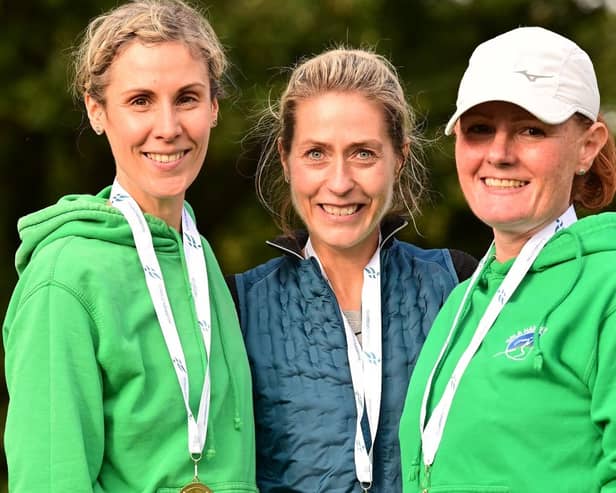 Gala Harriers' gold medal-winning female masters team of, from left, Sara Green, Katy Barden and Pamela Baillie at Saturday's national cross-country relays at Cumbernauld