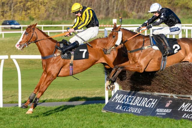 Spittal-on-Rule trainer Paul Robson's Magic Mike, left, ridden by Craig Nichol, at Musselburgh Racecourse on Wednesday (Photo: Alan Raeburn)