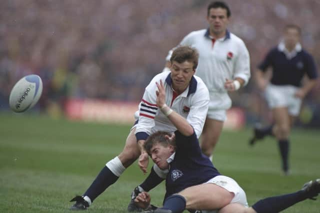 Rob Andrew being tackled by Craig Chalmers during a later match between Scotland and England at Edinburgh's Murrayfield Stadium in 1991 (Pic: Simon Bruty/Allsport/Getty Images)