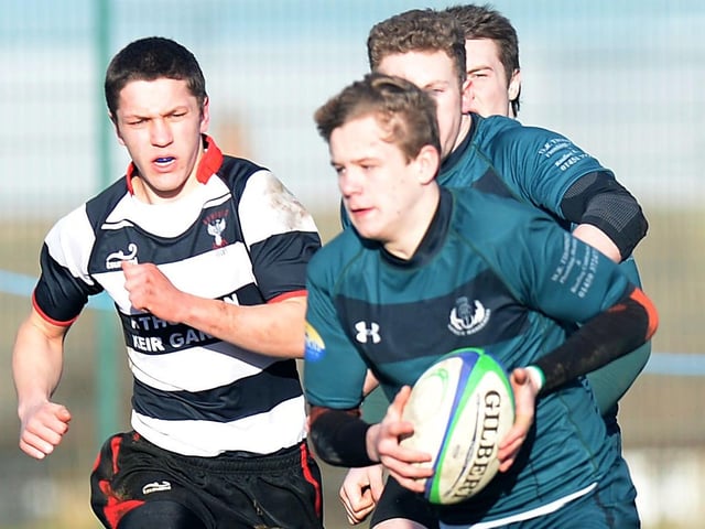 Darcy Graham on the ball for Hawick Wanderers versus Dumfries at Lasswade in rugby’s national under-18 youth bowl in February 2014 (Photo: SNS Group/SRU/Craig Watson)