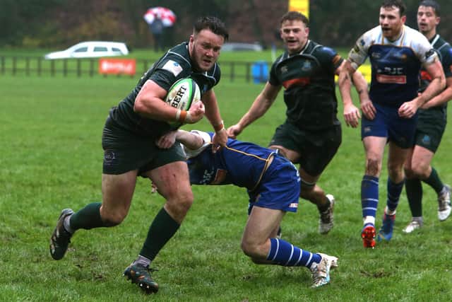 Centre Andrew Mitchell on his way to scoring one of his three tries for Hawick during Saturday's 61-0 win at Jed-Forest (Photo: Steve Cox)