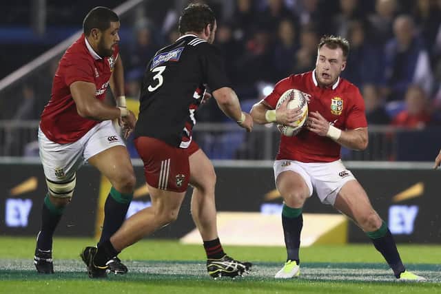 Stuart Hogg breaks with the ball during the match between the New Zealand Provincial Barbarians and the British and Irish Lions at Toll Stadium on June 3, 2017, in Whangarei, New Zealand (Photo by David Rogers/Getty Images)