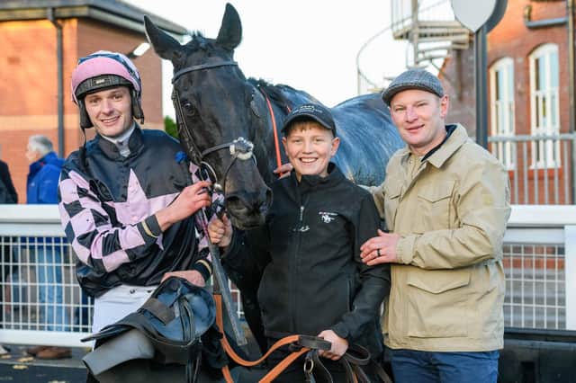 Hawick jockey Craig Nichol and trainer Ewan Whillans with Cracking Destiny at Musselburgh Racecourse on Wednesday after winning its Prince Philip Perpetual Challenge Trophy Handicap Chase (Photo: Alan Raeburn)