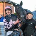 Hawick jockey Craig Nichol, left, and trainer Ewan Whillans, right, with Cracking Destiny at a prior meeting at Musselburgh Racecourse (Photo: Alan Raeburn)