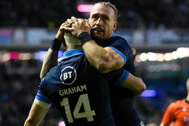 Scotland's Stuart Hogg and Darcy Graham celebrating during their autumn nations series win against Argentina at the weekend in Edinburgh (Photo by Craig Williamson/SNS Group/SRU)