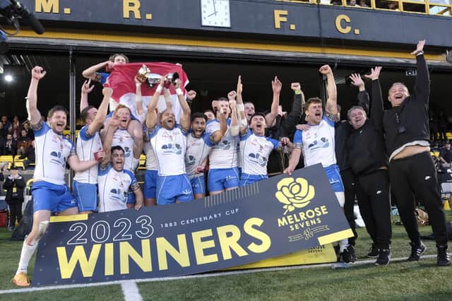 Monaco Impis lifting the 1883 Centenary Cup after winning 2023's Melrose Sevens on Saturday, April 8, the same date as Southern Knights' first Fosroc Super Series Sprint fixture of the year (Photo: Rob Gray)