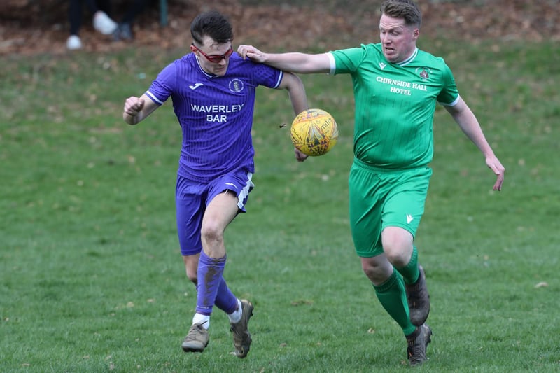 Matty Linton and Jamie Dickson vying for possession during Hawick Waverley's 3-0 win at home to Chirnside United in the Border Amateur Football Association's A division on Saturday (Photo: Brian Sutherland)