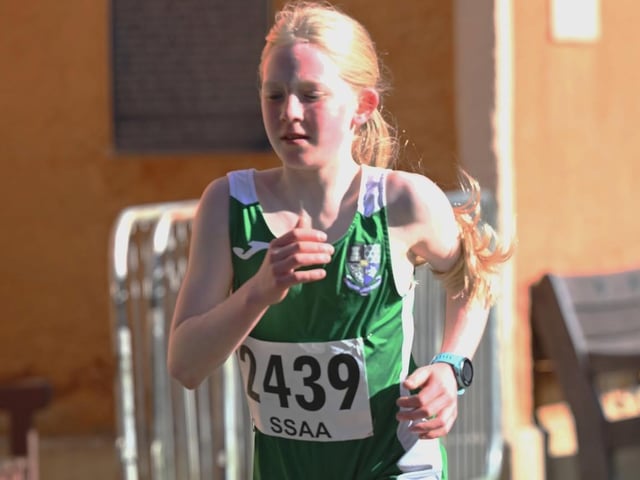 Earlston High’s Rowan Johnston was eighth in 8:38 in race five at 2026’s Scottish Schools Athletics Association road-race championships, held in Fife this month (Photo: Neil Renton)
