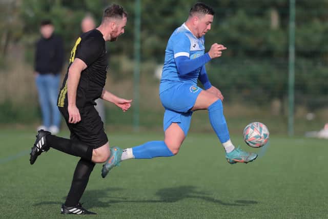 Earlston Rhymers' Daniel Simpson on the attack against Newshot in the Scottish Amateur Cup's second round at Kelso on Saturday (Photo: Brian Sutherland)