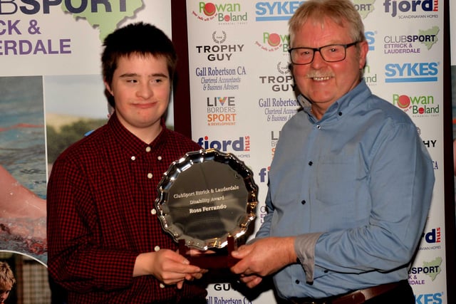 2023's ClubSport Ettrick and Lauderdale disability sport award was presented to Ross Ferrando by George Henry for the progress he has made over the last year at badminton. It took him just seven months to enter his first Scotland-wide competition, the sport's Scottish disability national championships, winning a silver at singles and bronze at doubles.