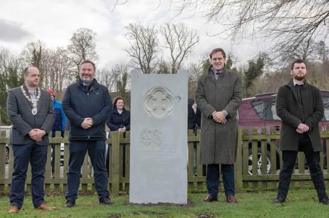 From left: Gavin Horsburgh, Kelso Town Provost and Chair of Kelso Community Council; Neil Rawlins, Chair of Kelso Heritage Society; The Duke of Roxburghe and sculptor Finn McCallum.