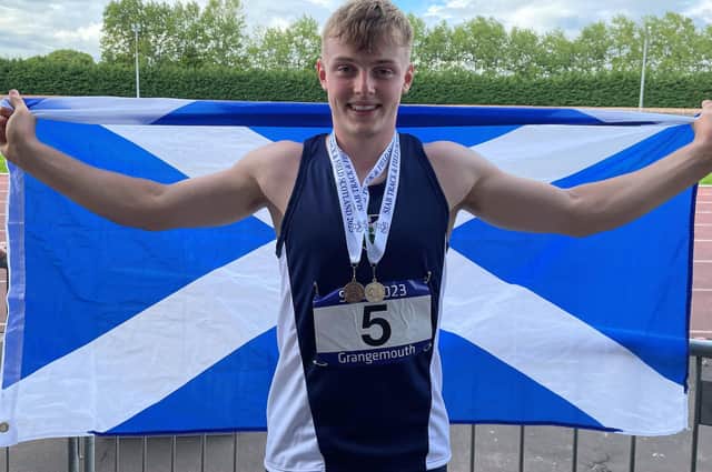 Peebles teenager Louis Whyte with the silver and bronze medals he won for long jump and triple jump at the Schools International Athletics Board's track and field competition at Grangemouth on Saturday