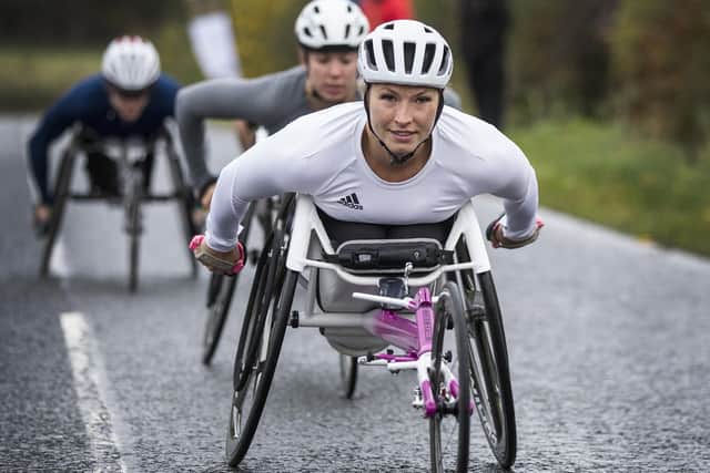 Gordon's Samantha Kinghorn was the first female finisher in Sunday's Jed Renilson wheelchair race from Bonjedward, via Crailing, to Mounthooly (Pic: Bill McBurnie)