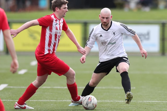 Josh Loftus on defensive duty during Langlee Amateurs' 5-0 win at home to Tweeddale Rovers in the Border Amateur Football Association's A division on Saturday (Photo: Brian Sutherland)