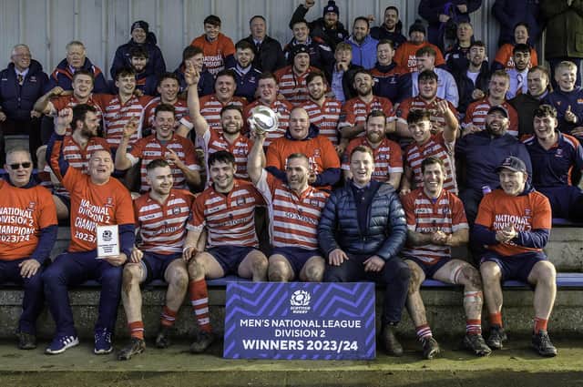Peebles players and officials celebrating beating Aberdeen Grammar 67-14 away on Saturday to secure rugby's Scottish National League Division 2 title (Photo: Stephen Mathison)