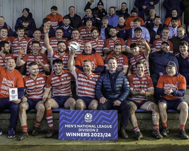 Peebles players and officials celebrating beating Aberdeen Grammar 67-14 away on Saturday to secure rugby's Scottish National League Division 2 title (Photo: Stephen Mathison)