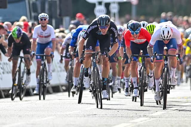 Cees Bol, centre, sprinting towards today's finish line in Duns ahead of Jake Stewart (Picture by Will Palmer/SWpix.com)
