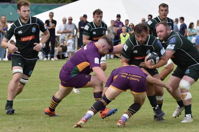 Captain Shawn Muir on the attack for Hawick, with Nicky Little in support, during their 24-5 beating at Marr on Saturday (Photo: Malcolm Grant)