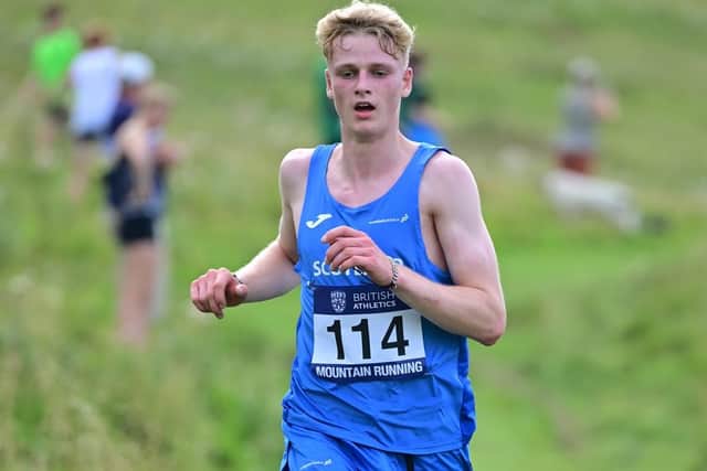 Moorfoot Runners' Thomas Hilton clocking 26:30 for eighth place for Scotland's under-20s at Sunday's home countries hill-running junior international at Cademuir Hill, near Peebles