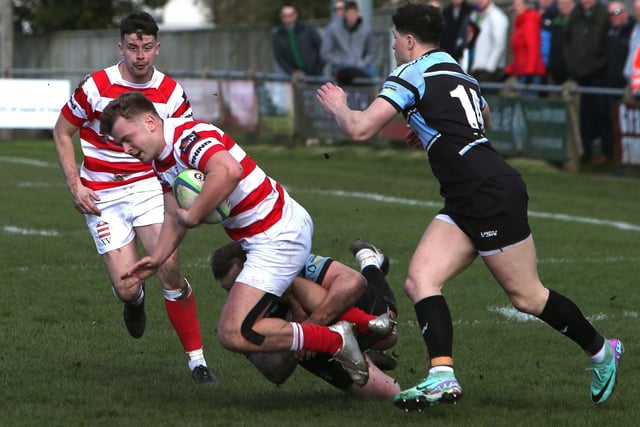 South of Scotland being tackled during their 27-25 win against Glasgow and the West in rugby's national inter-district championship at Kelso's Poynder Park on Saturday (Photo: Steve Cox)