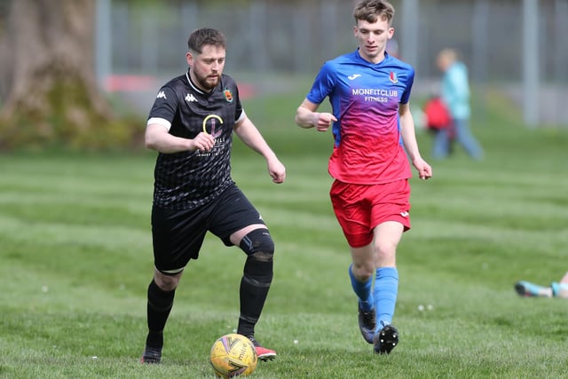 Alistair Colville on the ball during Hawick United's 4-2 win at home at Wilton Lodge Park on Saturday to St Boswells in the Border Amateur Football Association's B division (Photo: Brian Sutherland)
