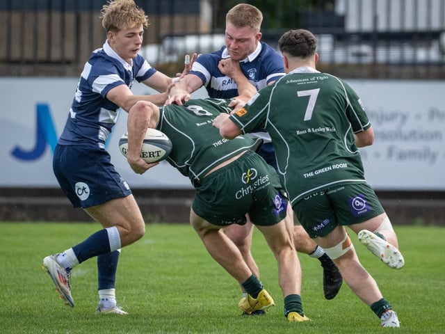 Jae Linton in action for Hawick, with Mikey Swailes in support, during their 80-13 loss away to Heriot’s in Edinburgh on Saturday (Photo: Jonathan Cruickshank)