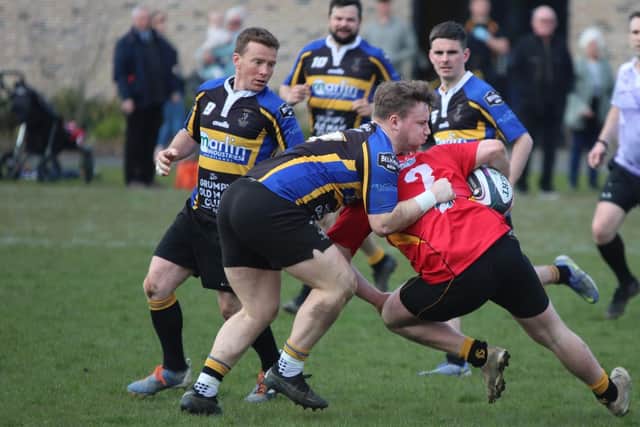 Hawick Harlequins halting a Trinity Academicals attack in Edinburgh at the weekend (Pic: Sel Messer)