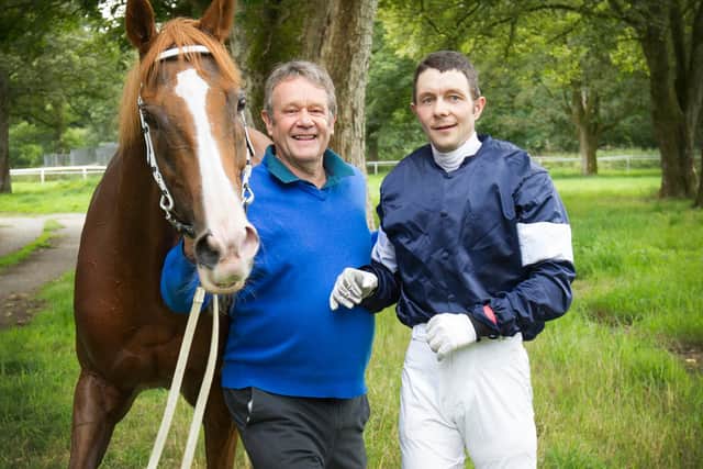 Jockey Alasdair Clark with dad Graham after winning the second Langholm flapping race on Cypriot Prince (Photo: Bill McBurnie)