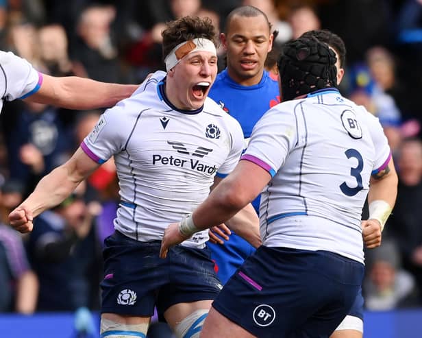 Delight for Rory Darge after scoring a Six Nations try for Scotland against France last month at BT Murrayfield (picture by Stu Forster/Getty Images)